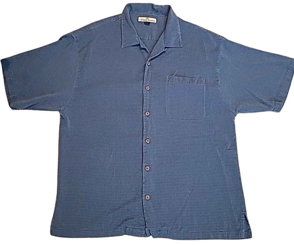 Tommy Bahama Silk Hawaiian Camp Shirt Men’s XL – Navy Blue Check – Island Vibes